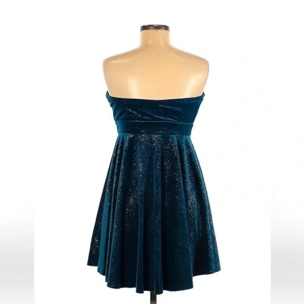 Free People Turquoise Shatter Shine Velvet Tube Sparkle Strapless Dress Size M - Picture 4 of 5
